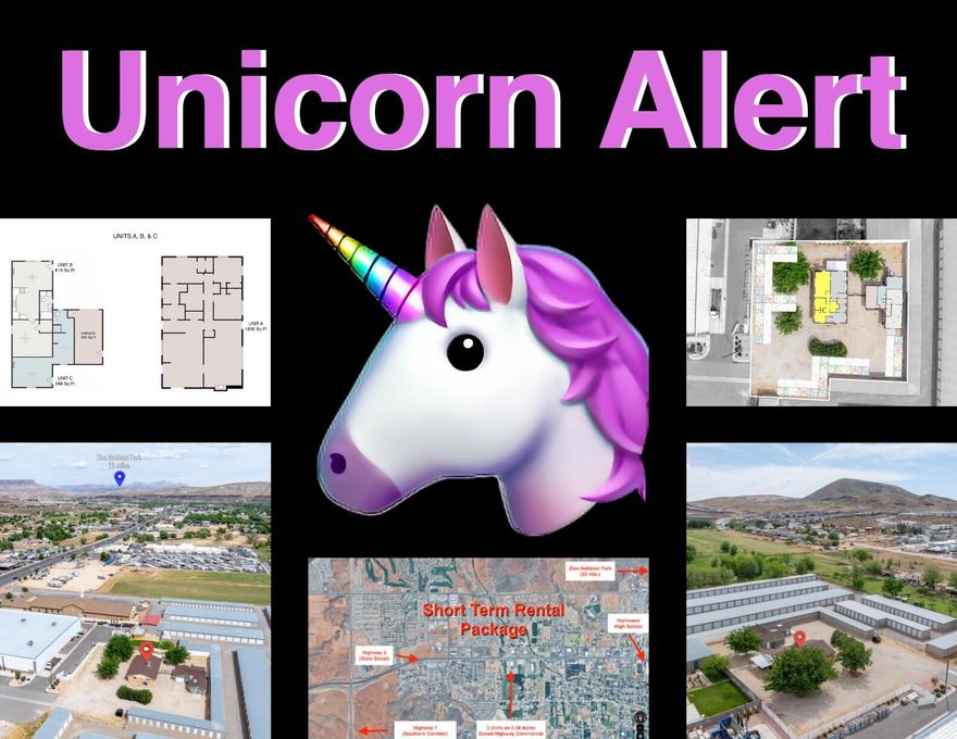 Rare ''Unicorn'' property in the heart of Hurricane offering flexible residential & income-producing potential on 0.58 acres with Highway Commercial zoning and a grandfathered residential overlay. Located just 25 minutes from Zion National Park and only 10 minutes to both Sand Hollow State Park & Quail Creek State Park, this property is ideally positioned for both lifestyle & investment use.
Currently configured as a primary residence (Unit A) plus two active short-term rentals (Units B & C), with Units B & C generating $47,500 in short-term rental income in 2025. It's estimated that if Unit A were also rented, the 3 units combined Net Income would be over $80,000 after all expenses including supplies, maintenance, utilities, property taxes, insurance, and cleaning fees. The rental units are properly permitted & approved. This is one of the only places in Southern Utah where you could live for free while your tenants pay your mortgage, OR own a Vacation Home that is always available to you while also turning a profit. 
The fully fenced parcel offers abundant parking, open space & expansion potential. Separate utility meters and mini-split systems for the rental units enhance operational flexibility. The private setting off State Street provides seclusion while maintaining convenient downtown access. With no HOA, no adjacent residential neighbors, and surrounded by commercial zoning, this property presents a rare opportunity for flexible use & steady income in a high-tourism area.
Highway Commercial zoning supports a wide variety of potential uses including additional rental units, RV park, storage units, or business operations. Opportunities may include adding additional tiny homes or container homes, converting Unit A into a duplex plus the garage into a studio AirBnB, or operating a business alongside residential or rental use. 
A versatile property offering the rare opportunity to live, invest, and grow income in Southern Utah's premier recreation destination.