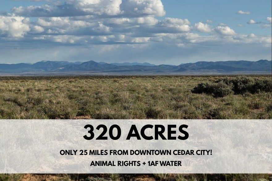 Uncover the opportunity to own 320 sprawling acres of land just minutes from Cedar City, Utah. Situated along the well-traveled Lund Highway, this flat and easily accessible property offers panoramic mountain views, wide-open skies, and endless potential. Whether you're looking to expand your ranching operations, start a homestead, invest in future growth, or create a recreational retreat, this land checks every box. With its AG zoning, the property is eligible for a variety of uses including farming, livestock, or off-grid living.
1AF of water is included with purchase (WR #71-707)