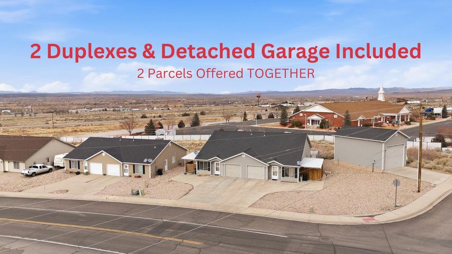 TWO DUPLEXES +GARAGE ON TWO PARCELS OFFERED TOGETHER. This unique investment opportunity is zoned Central Commercial and provides ultimate flexibility and income potential. 577/579 features 3 bedrooms and 2 bathrooms with 1,117 SF, and a 1-car garage per side. It sits on a .29-acre lot and was built in 2005. Next door, 591/593 offers 3 bedrooms and 2 bathrooms per side with 1,226 SF each, a larger 1-car garage, an additional 180 SF carport/patio area, and a detached 20' x 28' RV garage, all located on a .33-acre corner lot and built in 2007. Use the garage for your own storage or rent it out for additional income. This rare multi-property package is an opportunity you won't want to miss. DO NOT DISTURB TENANTS. APPOINTMENT REQUIRED.