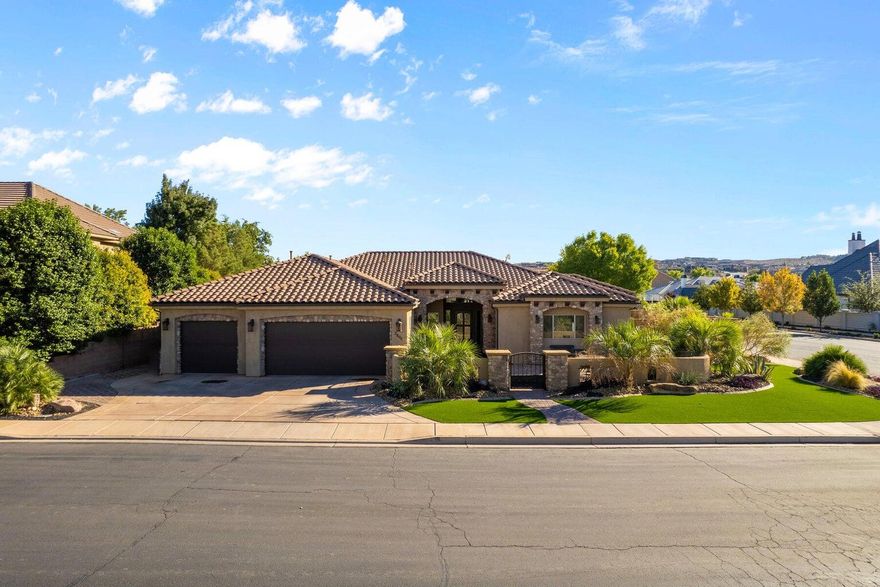 This home checks ALL THE BOXES! LOCATION #1,  grand courtyard with pavers and fountain,  6 bdrms  on one level!  This custom K Welch home features a frml living room, huge primary suite with French Doors to the rear yard and large closet.  Bidet toilet and big jacuzzi tub.  Plantation Shutters on all windows.   8' doors 12'' ceilings with wooden beams in the kitchen.   beautiful stone fireplace, formal living room. Tile and wood floors throughout.  Covered patio next to the inground pool with water fall.  Electric outside shades.  Large 3 car garage with extra parking.  Tankless hot water heater, 25 amp plug wired for whole home generator. Central Vac.    Smart lights to brighten the holidays.  Palm trees, uplights.  Do not miss out on this great home!!! Furniture included  NO HOA! Dixie P