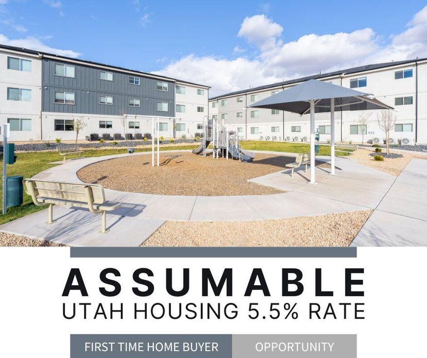 FIRST TIME HOME BUYER OPPORTUNITY! Assume the seller's low 5.5% Utah Housing Loan interest rate with only $15,000 down for payments under $1,800/mo. This unit can not be rented, must be owner occupied. New middle, end unit. Extra light and windows make it bright and open. Great location near Washington Parkway freeway exit. Perfect place to start building wealth by owning your own home instead of renting. Enjoy the pickleball court or playground/park. Pet Friendly!
