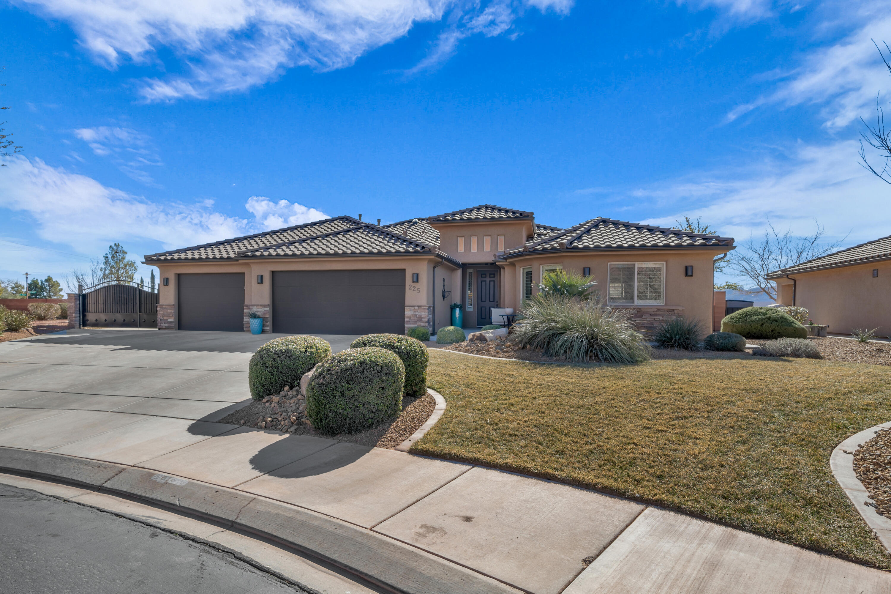 This beautiful home offers stunning views from both the front courtyard and back patio, along with incredible curb appeal complimented by mature landscaping. Located at the end of a quiet cul-de-sac, it features an open concept layout with tall ceilings, large windows, and skylights that flood the home with natural light. The kitchen boasts high-end finishes, including granite countertops, custom cabinets, and quality appliances.
With 4 bedrooms (or 3 plus an office/den), there's plenty of room for your needs. Enjoy a fully fenced, low maintenance yard with gated RV parking. Inside, you'll find custom closets, high-end plantation shutters, and epoxy flooring in the garage with a workbench and extra storage. A truly well-maintained home in a great location—don't miss out! Furniture package negotiable. Buyer/buyer agent is responsible for verifying all information.