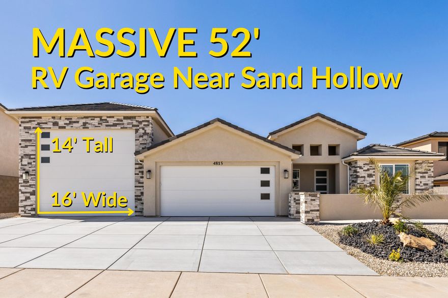 52' RV GARAGE. 16' WIDE x 14' TALL DOOR--because anything smaller is a compromise. Your 45' motorhome fits with room to walk all the way around...as it should--and yes, full RV hookups with sewer dump right in the garage. Wake up with coffee as the desert comes alive, then it's your call: fishing at Sand Hollow, carving lines through the dunes, or chasing the next horizon. A true 24' deep 2-car garage fits your full-size truck, plus 12' wide side parking for the rest of the fleet. Inside, two primary suites offer space and privacy. Out back, room for a pool or whatever you dream up. Confident. Capable. Built for those who actually use their toys.