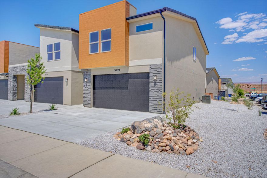 4 bed, 2.5 bath end unit with a 2-car garage in the brand-new South Desert community. Features include EVP flooring in main living areas and bathrooms, upgraded carpet in bedrooms, quartz countertops throughout, stainless steel gas appliances (fridge not included), modern cabinets and kitchen backsplash. Community park, trails, and amenities nearby. NOTE: Interior and exterior finishes are predetermined and may change. Photos are examples of the finishes are also subject to change. Ask about lender incentives. Buyer/agent to verify all info
