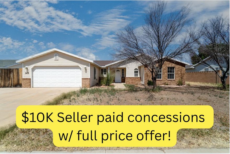 Seller offering $10k in concessions with full price offer. Move-in ready with fresh paint and brand new carpet throughout! This 3-bedroom, 2-bath home offers 1,433 sq ft of comfortable single-level living on a .18-acre lot. The open layout features a spacious living area, functional kitchen with dining space and  private primary suite. Two additional bedrooms offer flexibility for more people or home office. Enjoy the convenience of a 2-car garage, central air and fully fenced backyard with room to relax or garden. Located 45 minutes from Zion National Park, hiking and outdoor recreation, plus quick access to shops and dining in Hurricane and St. George. This clean, updated home is perfect for anyone looking for easy, affordable living in southern Utah. Don't miss your chance to own today