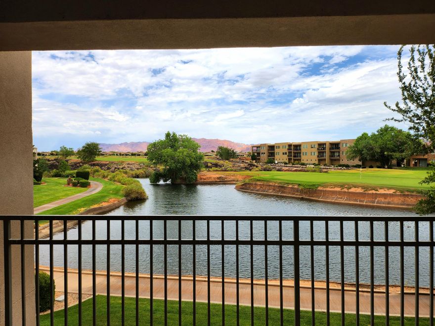 3rd floor Blackrock condo, amazing views of the Sunbrook golf course, pond, and Snow Canyon. Located across from the pool and clubhouse. 2-car garage.  Gated community.