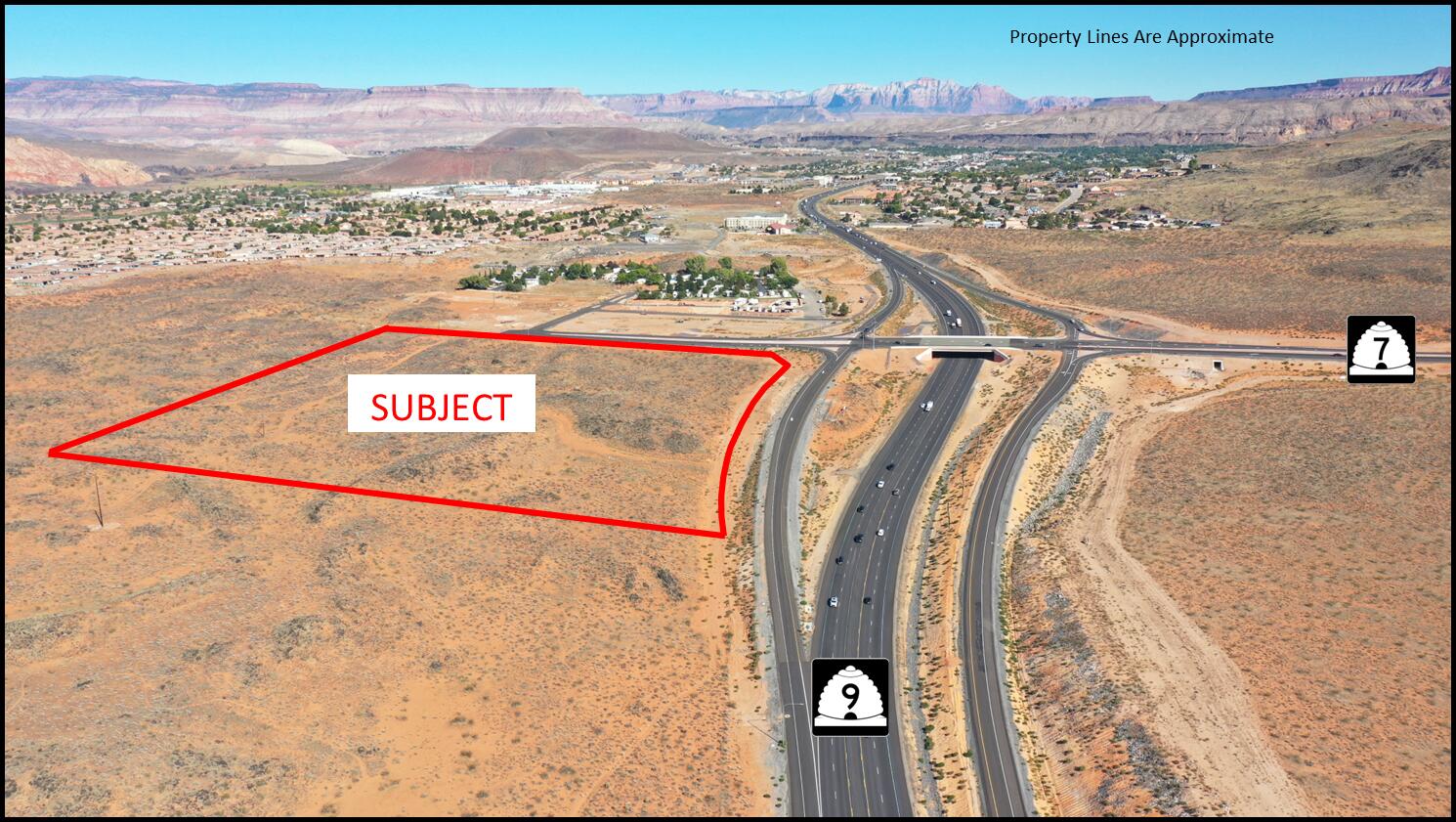 Approx. 24 acres highway commercial ground, high visibility, located on SR-9 and intersection of SR-7.  Adjacent to new 2800 W by-pass to 600 North corridor.  See ''Documents''.  Near Walmart.  City will consider mixed-use apartments, townhomes, & commercial retail project.  SR-7 is Southern Parkway that runs adjacent to Sand Hollow Reservoir, STG Airport, and connects to I-15 at Exit 2.  Annual Average Daily Traffic count is 36,000 vehicles/day.