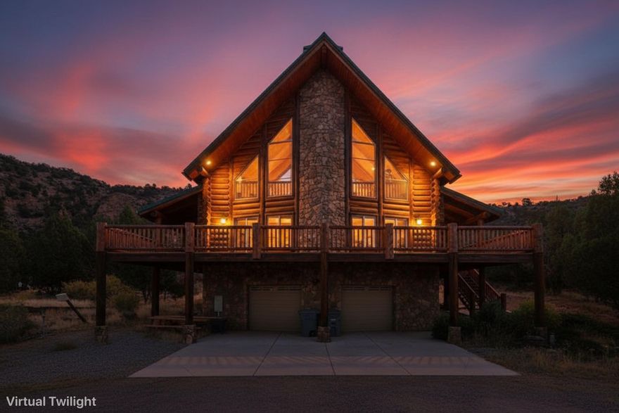 Priced to sell!! Welcome to your serene retreat in Harmony Ridge! This stunning log cabin, nestled on 1.16 acres, offers 3 bedrooms and 2 full bathrooms, thoughtfully designed for comfort and relaxation. Spanning 3,743 sq ft, the home features a main-level master bedroom complete with an ensuite bathroom, ensuring privacy and convenience. Upstairs, two spacious bedrooms invite you to unwind, each with access to a charming balcony that overlooks the lush surroundings. Large windows on the main floor flood the living area with natural light, creating a warm and inviting atmosphere. The property also includes a unique basement accessible from the garage, featuring an additional room and bathroom—perfect for guests or as a personal retreat.