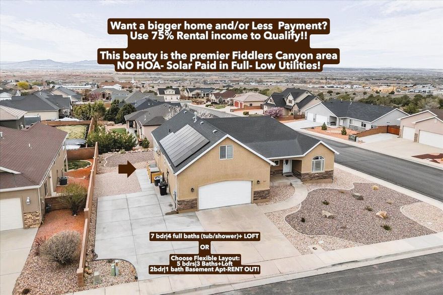 🔥 Multi-Gen + Income Opportunity in Fiddler Canyon! 🔥Have a family tree with a few extra branches? This is the one. Welcome to the ultimate multi-generational home in the highly desirable Fiddler Canyon area--offering space, flexibility, and serious income potential all under one roof.
Designed for true 'together but separate' living, this property features dual kitchens, separate entrances, multiple parking areas, and two laundry spaces--making it effortless to accommodate extended family or generate rental income.
💰 Income Potential:
Upstairs rents for $2,300 + $375 utilities
Downstairs rents for $1,400 + $275 utilities
Live in one unit and let the other offset a significant portion of your mortgage!
Inside, you'll find 7 bedrooms, 4 bathrooms + a spacious loft (potential 8th bedroom or flex space). The fully separate 2-bedroom basement apartment includes a private walk-out entrance and dedicated parking--ideal for rental, guests, or multi-gen living.
NO HOA and packed with extras:
✔ Paid solar for energy efficiency
✔ RV parking + abundant space for toys
✔ Low-maintenance xeriscaped corner lot
✔ Flexible layout for investment or personal use
Versatile, income-producing, and move-in ready--this home truly checks every box. 📞 Don't wait--homes like this don't last!