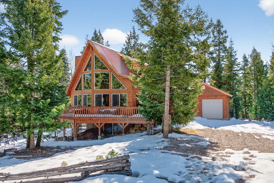 Sitting on .62 acres, this charming three-bedroom, three-bathroom cabin spans three levels and covers 2,400 square feet. This is a classic cabin with a deck, large windows and a detached 432sqft garage that can fit 1 large or 2 small vehicles. The main floor features an inviting living area with a cozy fireplace, tall vaulted ceilings, and large windows that flood the space with natural light. The kitchen is conveniently adjacent, making it easy to stay connected with family or guests. Nearby, you'll find the first bedroom and a bathroom. Upstairs in the loft, the master suite offers privacy with its own bathroom and walk-in closet. There's also an additional space for an extra bed, perfect for accommodating guests. The lower level includes a spacious family room with outdoor access, another bedroom, a bathroom, and a laundry room. Outside, enjoy the combination of covered and uncovered decks, along with a firepit for starlit evenings. Just a short distance from Duck Creek Village, this cabin is ideal for nature lovers, with fishing spots and trails nearby.