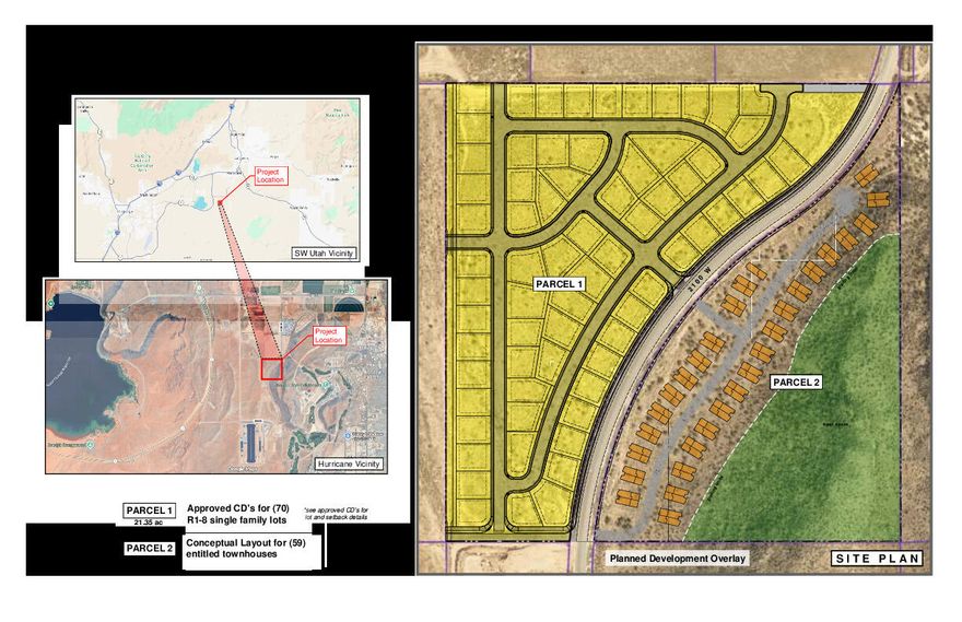 Exceptional 37.37-acre development opportunity in Hurricane with 129 total units.  This property features 21.35 acres with engineered construction drawings approved and signed by Hurricane City for 70 single-family lots, offering a rare path to immediate horizontal construction. The remaining 16.02 acres are approved for 59 multifamily units, with the multifamily design available to be tailored to meet the purchaser's needs. A strong opportunity for builders and developers seeking a large, approved project in a high-growth area.