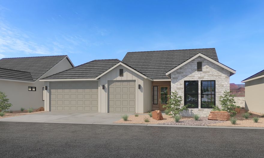 This is the Hamlet Floorplan under construction. Home has over $78k in design upgrades and fully landscaped in SunRiver's newest 55+ Active Adult community with the 1st phase of amenities breaking ground November 2025 and ready for use late 2026. No HOA payments for 2 years after closing for Founders Club (First 74 closings). Located west of Toquerville, with views of mountains in every direction. With over 1,200 homes planned it will be the perfect size, not too big, not too small.