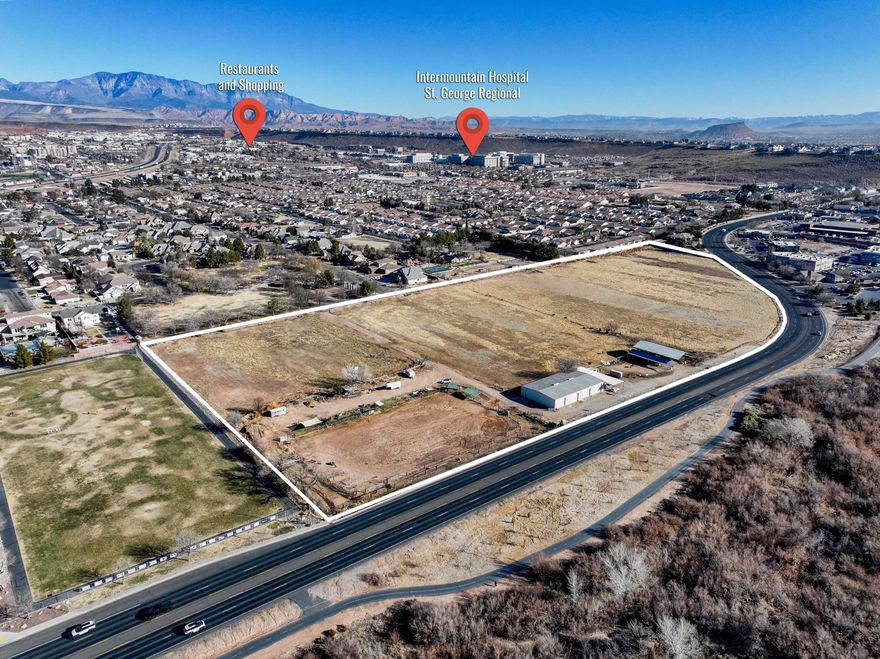 Prime Commercial Land located on Riverside Drive, in the heart of St. George.  Centrally located on Riverside Drive, Between Bluff Street and River Road.  Close to Dixie Medical Center and other prime commercial businesses.  Potential usage includes: Medical, Office, Retail, Restaurant, Residential.  Across from Virgin River and walking path with high visibility and premium frontage on Riverside Drive. 18.69 acres, water rights negotiable.  Call Brent Keenan for question or more information at 435-680-1313.