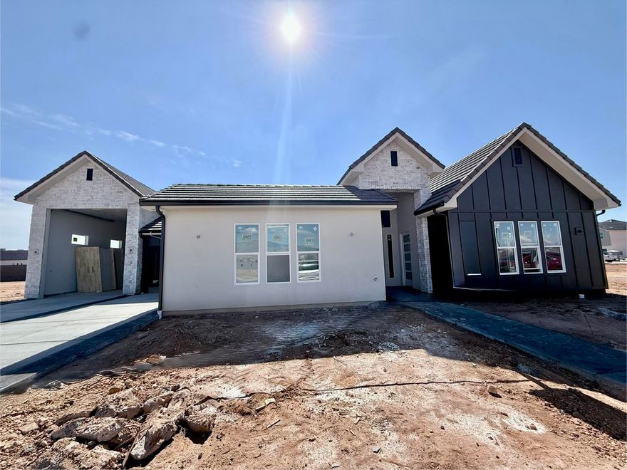 This beautiful home is situated on the east side of town and boasts features such as LVP flooring, quartz countertops, and under-mount sinks with soft-close drawers and cabinets. It  includes a smart home kit, a Wi-Fi router, a programmable thermostat, and a keyless front door lock. The garage features an epoxy-coated floor and accommodates a 41-foot RV garage. Additionally, there is a 15-foot side parking space and a 30-foot backyard. The home is also plumbed for a future pool.