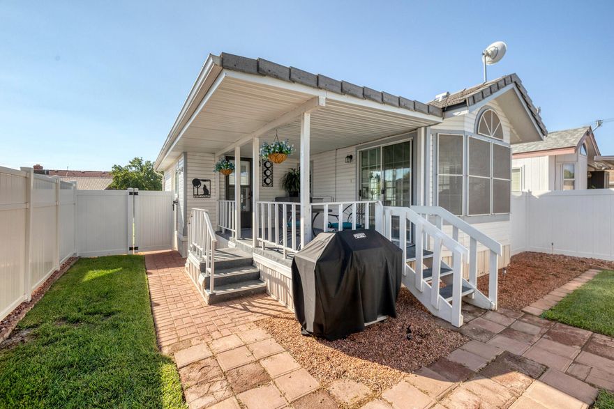 Serene 2 Bed, 2 Bath Oasis with a CASITA adding an additonal bed and bath for your guests enjoyment. This beautifully maintained 3-bed/3-bath home in Rio Virgin Estates offers comfort & convenience. 55 yrs & above. Recent upgrades include fenced backyard, new flooring, new oven, new counter top, new kitchen sink, new disposal, new dishwasher & blinds throughout. Stay cool with the 2022-installed A/C. This lovely home sits on one of the largest lots in the community. Relax on the deck for desert evenings and gatherings. Low HOA fees grant access to the community clubhouse with an indoor pool and spa. Easy access to the biking trail. Sq. footage figures are provided as a courtesy estimate only & were obtained from county records . Buyer is advised to obtain an independent measurement.