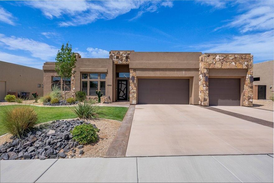 This stunning 3-bedroom home offers nearly 2,500 SqFt of living space, and is perfectly positioned to capture the incredible red rock views that surround the neighborhood. Step inside to soaring 10+ ft. ceilings, an open floor plan, and large windows that flood the home with natural light. The kitchen showcases beautiful granite countertops, while sleek electric blinds throughout add both elegance and convenience. Retreat to the spacious primary suite, where you'll find a spa-like bath with a dual-vanity, a walk-in shower, a large soaking tub, and an oversized walk-in closet. Thoughtful details include a custom-built Murphy bed for guests, a spacious laundry room with abundant storage, and inviting living spaces that flow seamlessly to the outdoors. The private backyard is an entertainer's dream with a covered patio and putting green, while the extra-deep 3-car garage offers exceptional parking and storage for all your needs. Buyer to verify all information, deemed reliable, however buyer to verify all info including utilities, rental restrictions, and HOA information if applicable.