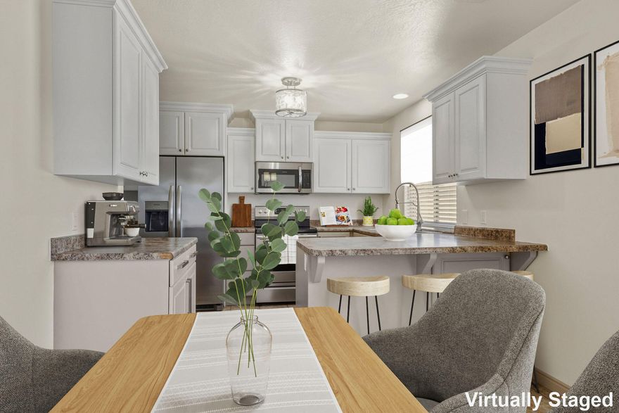 Updated Townhome with Private Backyard. This two-level townhome offers a perfect layout with clearly defined living spaces and practical features throughout. The main level includes an interior entry, living room, dining area, kitchen, laundry room, pantry and a half bathroom, creating an efficient flow for daily use. The kitchen includes a new sink and appliances, including a dishwasher, stove, and refrigerator. Tile flooring is featured on the main level, with carpeted living areas and upper-level bedrooms. Upstairs features the oversized primary en-suite bedroom with two additional bedrooms and a second full bathroom. Storage is integrated throughout the home, and ceiling fans are present in several rooms. The exterior includes a private backyard space and assigned covered parking plus an extra space per unit. The property is located near local shopping, dining, the community center and easy access to the freeway providing convenience for everyday living.