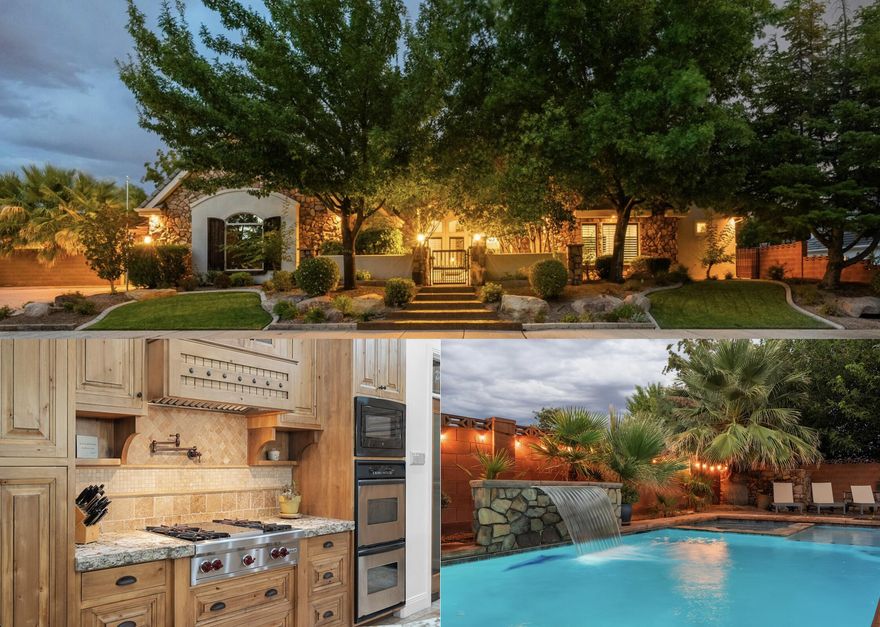 Beautiful home located in the quiet and secluded Cox Landing neighborhood near the heart of St George. The gourmet kitchen features high-end custom cabinetry, thick granite countertops, a gas cooktop with a wood hood and pot filler, and wall ovens. The spacious primary suite offers a sitting room or den, a roll-in steam shower with double shower heads, jetted tub, and a large walk-in closet with a stackable washer/dryer. The casita ADU has an exterior door, vaulted ceilings, a kitchenette, full bath, and a walk-in closet. Enjoy multiple gathering spaces, including a large basement family room with a kitchenette. The backyard features a saltwater pool with fountain, hot tub, outdoor kitchen with BBQ and TV, gas fire pit, and 2 covered patios surrounded by palm trees and mature landscaping.