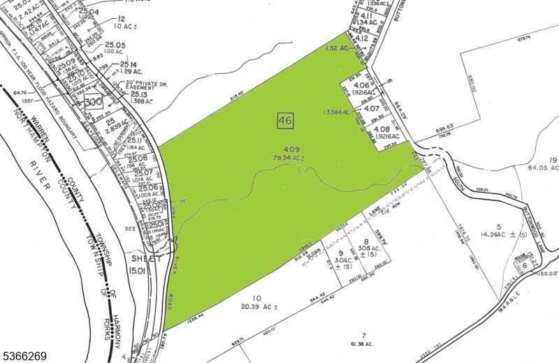 Parcel map with a large green-highlighted tract labeled 46 and 79.34 acres.