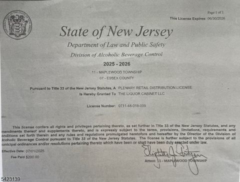 00 Liquor License for Sale Maplewood Twp. NJ 07040
