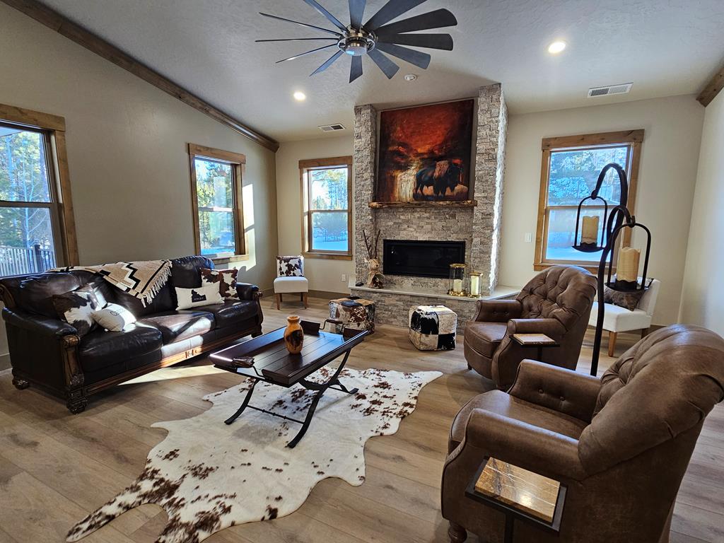 Living room with vaulted ceilings.