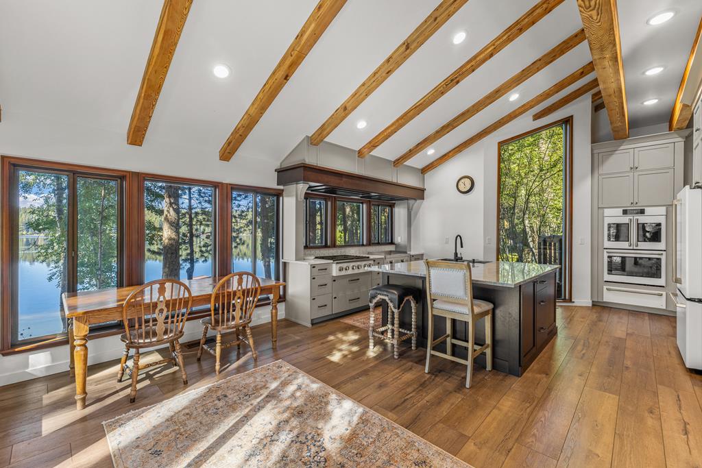 Kitchen has incredible windows.