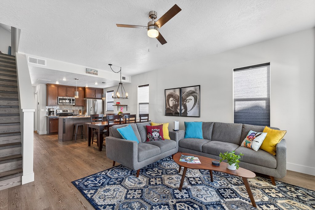 Open concept living/kitchen/dining area.