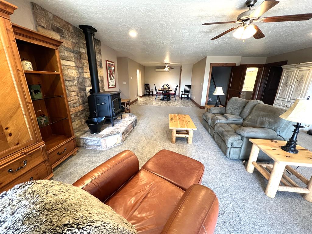 Downstairs great room with wood stove