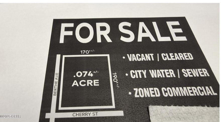 All sizes are appx/////Great corner lot-170x190
Zoned Commercial (C-1)--.74 Acreage--Annual traffic count is estimated at over 5000 on Bertha and over 6000 on Cherry Street. Not in flood zone//// Survey in Documents//City of Callaway furnishes City Water/Sewer!!