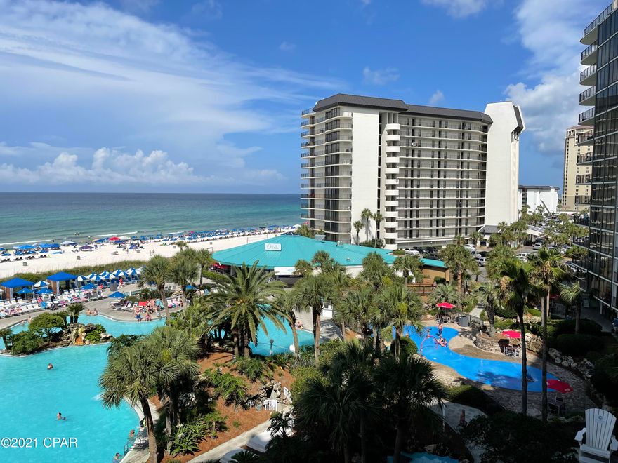 Best location on the property.. Relax on your covered balcony while viewing the magnificent views of the Gulf of Mexico and the pristine  sugar sand beaches. %th floor unit makes it a wonderful floor for rentals.. s 3 bedroom 3 bath units are seldom on the market.. Split floor plan with the master bedroom overlooking the beach and Gulf.  Enjoy all the amenities including hot tubs, full service restaurant and tiki bar, pizza restaurant, tennis, par 3 golf , fitness center and much more.