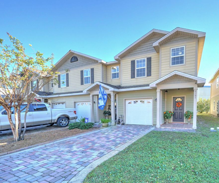 This adorable home is in immaculate condition and is conveniently located close to the Navy base, schools, beach, and Hathaway Bridge. This end unit townhome features hard surface floors throughout, granite countertops and tiled backsplash in the kitchen, open family/dining and kitchen area with half a bath on the ground floor.  Updated wood staircase takes you upstairs where all bedrooms are situated: 2 with private bathrooms and walk-in closets, a 3rd bedroom that would make a great office or nursery. Master Suite is of a generous size and fits king sized bed easily with plenty of room to walk around. Both Bathrooms were recently fully upgraded with tile on walls and floor, walk-in closet features custom built-in wooden cabinets, crown molding throughout home and brand new A/C system!! The exterior features 1 car garage, screened in porch, and a fence that surrounds the deck, a perfect private space for cooking or hanging out. Quail Hollow is a very quiet community that features a pool, workout facility, child's play area, overflow parking area, and even a dog walk area! The seller has taken great care of this property and it certainly shows. Call today for more information or to schedule your private tour! All info, age, Square Footage, lot and room sizes approximate, if important please verify.