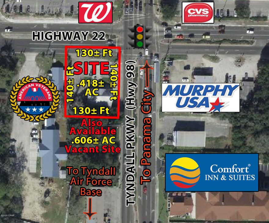 Prime Commercial Corner Site at the busiest intersection on the east side of Panama City, located on the southwest corner of Highway 22 & Tyndall Parkway (Highway 98).  The site is zoned Commercial in the City of Callaway with great visibility, easy access & public utilities.  High Traffic counts on Hwy 22 (8,800 vehicles per day - 2023 FDOT) & Tyndall Parkway (35,500 vehicles per day - 2023 FDOT).  The site is located less than 1 mile south of the Callaway SuperWalmart, and in close proximity to Bay County's 3 largest employers, Tyndall Air Force Base,  and Eastern Shipbuilding.  Building was demolished and cleared after Hurricane Michael, slab was left in place.  Site is in a FDEP Petroleum clean-up program, information is on file.