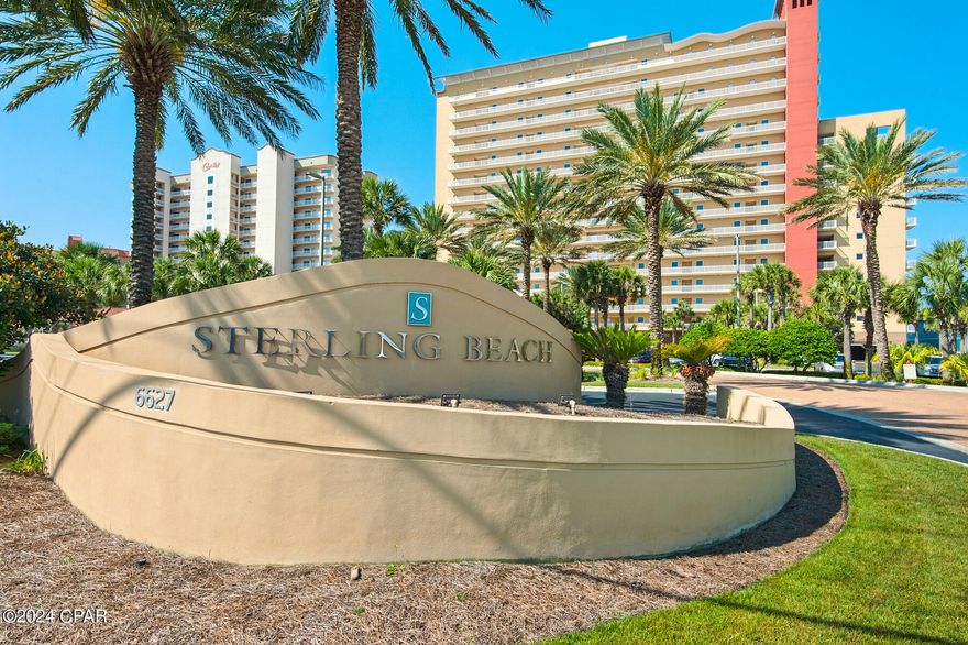 Luxurious beachfront condominium at Sterling Beach offering unparalleled views of the Gulf of Mexico. This tastefully designed unit features two gulf front master suites featuring walk-in closet, jacuzzi tub and a separate shower, spacious living area with gas fireplace, high ceilings and floor-to-ceiling windows that provide the interior in natural light. With over 2,300 sq.ft., three bedrooms, three full baths, and modern amenities, this retreat provides a perfect blend of comfort and style.  Enjoy the view from the fully equipped kitchen with quartz countertops. There are two private balconies overlooking The World's Most Beautiful Beaches. Whether you're savoring breathtaking sunsets or enjoying the resort-style amenities, Sterling Beach Unit 1601 promises an idyllic beachfront escape. Luxury amenities include an onsite theatre, 4,000 sq.ft. gulf front resort pool, BBQ picnic area with grills, a community room, fitness center and 350 feet on the Gulf of Mexico.