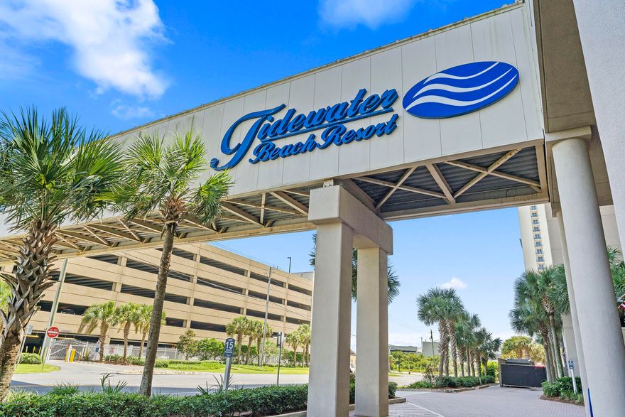 CURRENTLY UNDER CONTRACT, SELLER ACCEPTING BACKUP OFFERS. Tidewater Beach is one of the most renown Panama City Beach destinations. Amenities include: out-door pools, indoor pool, hot-tubs, kiddie pools, large exercise room, Waves Bar & Grill, snack bars, movie theater, banquet room, parking garage, sky-bridge & more. Tidewater is in the heart of the tourism district of PCB. Within walking distance of Russel-Fields Pier & Pier Park. Frank Brown sports park is minutes away. Tile flooring adorns the entire unit. The common living area enjoys an open concept floor-plan  where the kitchen, dining area & living room are open to one another and all enjoy gulf views.  The kitchen features granite counters, breakfast bar, white cabinets, black & brushed metal appliances.
