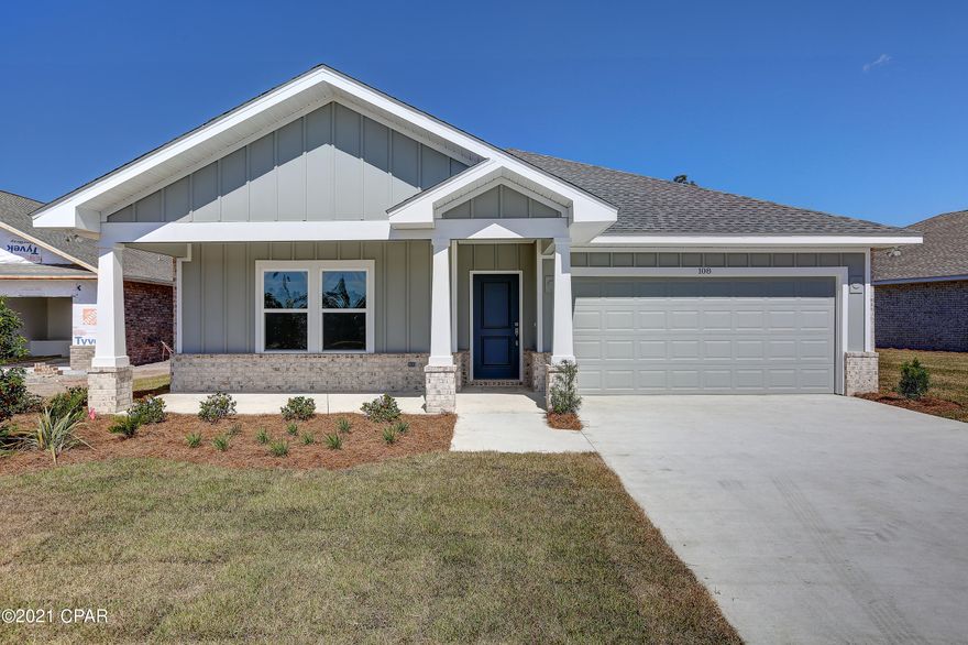 NEW CONSTRUCTION, CAMRYN'S CROSSING II subdivision in Lynn Haven, built by Southern Coastal Homes. INTERIOR features of this home offer a private Foyer entrance that leads to a large Great Room with tray ceiling.  Kitchen with center island, custom cabinetry, & stainless steel appliances leads into dining area & is open to the great room. Master Suite has tray ceiling, double vanity, garden tub, & extra-large walk-in closet.  Spacious covered patio just off Great Room makes this home perfect for entertaining.  Cam II offers walking park and playground.

EXTERIOR-This ALL BRICK home features a 2 car garage, covered porches, fully sodded yard with Rain Bird sprinkler system.

Photos are of house with same floor plan - NOT of actual house.