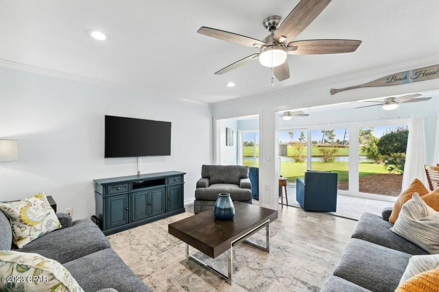 This unit has been totally remodeled since 2018 with new appliances, new A/C unit, granite countertops, Luxury vinyl planking, new recessed lighting, a water filtration system and a full second bathroom. Being sold completely furnished so it is a a turnkey unit / ready to go! Prime spot for the Billfish Tournament and other amazing events locally.  It has lots of ambient lighting and has a great view of a scenic pond overlooking the 1st tee box of the Nicklaus Golf Course. Bay Point is a gated community with 24 hour roving security, an 18 hole championship golf course, a new marina and clay tennis courts.