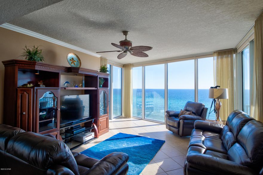 Pristine, fully furnished condo with panoramic GULF FRONT VIEWS available for long-term rental. Located on 440 feet of beachfront just ¼ mile west of Hwy 79 and one mile from Pier Park, Palazzo is an upscale condo consisting of only 129 direct Gulf Front units with four covered parking levels under the building. Luxury amenities include an elevated Gulf front heated pool and spa deck, gulf front fitness center, and Conference facility. This 3-bed, 3-bath unit features 8th floor panoramic Gulf views from one of the most spacious floor plans on the West End of the beach. Interior features include ceramic tile, carpeted bedrooms, granite kitchen counter tops, raised panel cabinetry, fully equipped kitchen, washer & dryer in the unit, crown molding in living/dining areas and master bedroom.