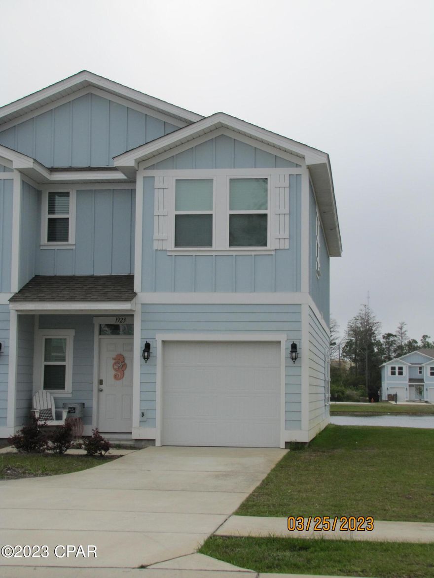 Spectacular location in Hathaway Townhomes Subdivision!  Lot 77 is an end unit looking over the neighborhood lake and the fountain to the gated community pool. Relax on your back porch facing Westerly and take in Panama City Beaches most beautiful sunsets as they paint the sky falling directly behind the lake and pool.  Enjoy the largest green space from your porch or out your end unit windows.  Conveying fully furnished, ready for you to move into or use as a long or short term rental -  options are limitless.  This lovely home features 3 bedrooms, 2.5 baths, Lifeproof LVP flooring throughout.  Professionally installed 2'' blinds throughout as well. Upgraded appliances – Frigidaire Gallery stainless steel, granite countertops in the kitchen and bathrooms.  See more...... This property shall be on the market for 5 days before the Seller will consider an offer.  Please do not use showtime to make an appointment, contact listing agent direct.