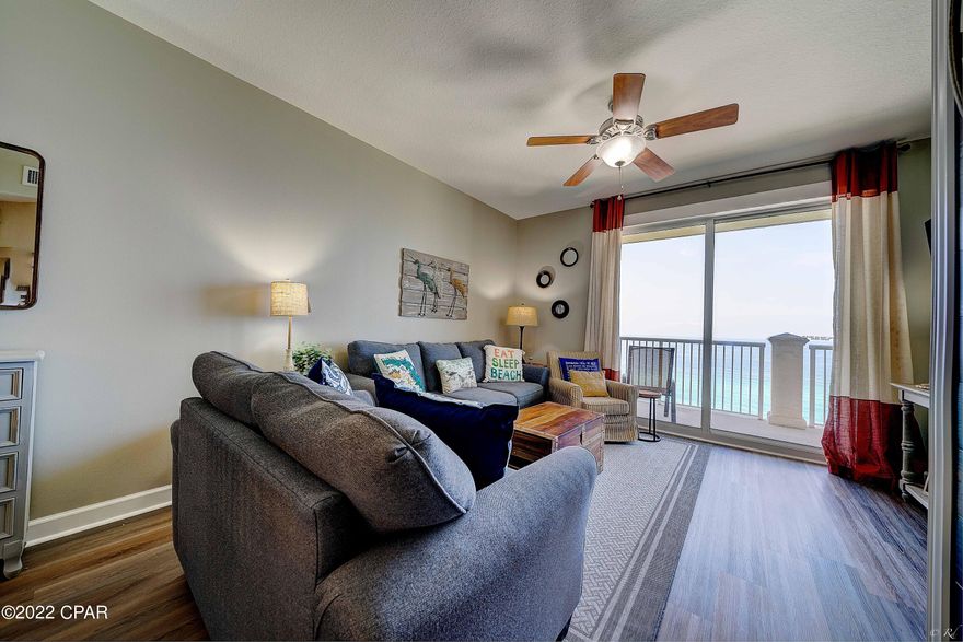 Grand Panama Beach Resort, one of the most desired Resorts in Panama City Beach. Don't miss this opportunity to own a beautiful, turnkey 2 bedroom, 2 bath unit with bunks, complete with a GULF front master bedroom and Gulf front living room, both with access to a private balcony. The balcony offers spectacular views of the sugar white sands and emerald-green waters of the Gulf of Mexico. 

This immaculate unit has been tastefully decorated with a coastal theme and it includes stainless appliances, granite throughout, LVP flooring, shiplap wall in living area, new A/C and hot water heater, recently painted, and its being sold furnished and rental ready.

Grand Panama Resort amenities include: 24-hour security services, 2 resort style pools with one being heated, beach side tiki bar, (Cont.) large fitness center, onsite general store, onsite bistro restaurant, owner's library, barbeque grills, and level 5 walk over from tower 2 to Tower 1. This is an owner's owned resort. Buyer should verify all important information and measurements.