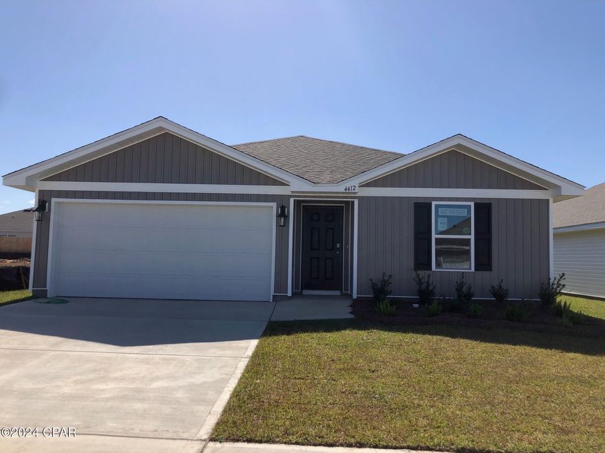 This Freeport floor plan in Titus Park is under construction. This home is located at 4412 Riparian Lane and features 4-bedrooms, 2-bathroom home with approximately 1,458 SF.

As you walk along the sidewalks that lead to this home, you will see a fully sodded lawn as well as flower beds that adorn the front entry. 

Inside you will see 8' ceilings throughout, engineered vinyl plank flooring throughout the home and carpet in the bedrooms. Granite countertops, white cabinetry and a spacious open living room and kitchen make this home perfect for having guests over. The kitchen has a center island that is perfect for serving kids or guests, a nice size pantry and the stainless-steel appliances include smooth top range, microwave, and dishwasher. Located right next to the dining area, this makes serving meals with ease.

The primary bedroom has a spacious bathroom and features a double vanity with granite countertops. A walk-in closet with ventilated shelving is also located in the bathroom, giving you more room in the primary bedroom. The guest bathroom features a single vanity with granite countertops and a shower.
Titus Park Titus Park is a new home community in lovely Panama City, Florida. Each home has a landscaped yard with fresh sod as well as a flowerbed just off the front entry.  Located right off Highway 231, it is conveniently located close to shopping, food, great schools, and not far from Tyndall Air Force Base. A new Publix shopping center is located just outside of the community. Homes are subject to prior sale or rent. Home and community information, association fees (if any), included features, terms, availability and amenities, are subject to change at any time without notice or obligation. Drawings, pictures, photographs, videos, square footages, floor plans, elevations, features, colors and sizes are for illustration purposes only and will vary from the homes as built.
