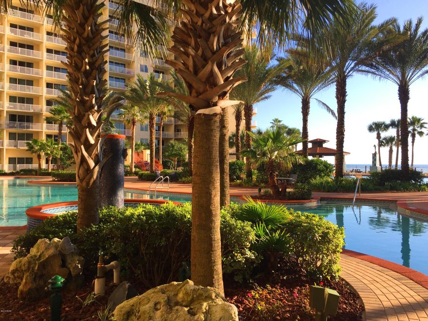 AMAZING VIEWS!!! This popular ''L'' floor plan condo has 2 bedrooms 2.5 bathrooms with a bunk nook and a double balcony that overlooks the tropical pool deck and the gulf. The unit comes fully furnished and rental ready with your own personal parking spot #845.The Shores of Panama is tropical elegance and leisurely style. The Shores of Panama offers resort style amenities including a multi-million dollar 13,966 sq ft gulf front lagoon pool and a gulf front oversized hot tub, beautiful fountains and waterfalls, 2 tiki bars, and exotic tropical landscaping. Amenities also include a large indoor heated pool, indoor hot tub, on site full service spa with sauna and steam rooms, covered parking, and a health & fitness center. There is a concierge service, beach activities and rental services all available on-site. The Shores of Panama has an excellent location on the beach, right next door to Pineapple Willy's and several other restaurants and entertainment. Come enjoy Paradise at the Shores of Panama!

"ALL INFORMATION IS BELIEVED TO BE ACCURATE AND CORRECT, BUYER TO VERIFY IF IMPORTANT"