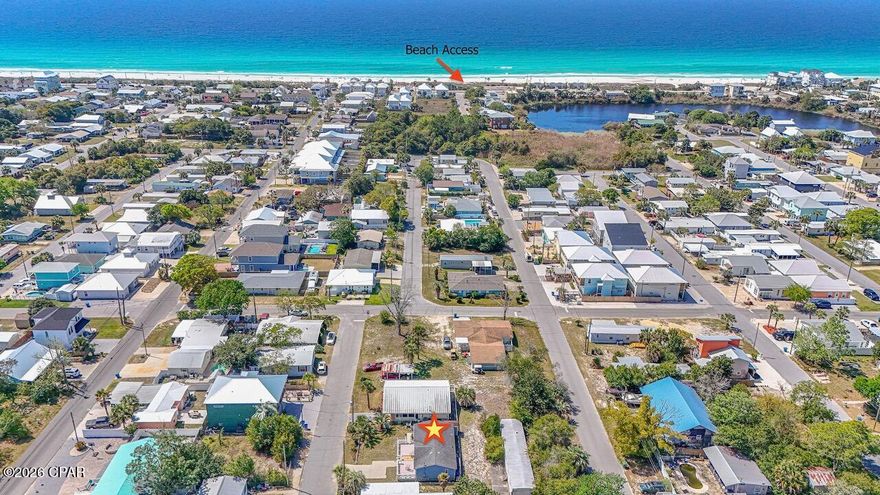 Located in the desirable Laguna Beach community on the quiet west end of Panama City Beach, this property offers an approximately 4-minute walk to the azure-blue Gulf, with easy, direct path beach access (no long boardwalks or steep stairs). 

Positioned in one of the most pleasant, walkable, and golf cart-friendly beach neighborhoods along the Emerald Coast, you're also approximately a 6-minute drive to Scenic Highway 30A, including Rosemary Beach, Alys Beach, Inlet Beach, and Seaside.

Laguna Beach (a dedicated beach) offers a charming coastal cottage neighborhood feel with walkable streets, natural dunes, and no high-rise development--creating a peaceful beach setting while remaining conveniently close to both Panama City Beach and the renowned 30A communities.

Enjoy the relaxed coastal lifestyle with nearby walkable favorites including Thomas Donuts for morning coffee and breakfast, the beloved Carousel grocery and gift shop, and Dairy Queen for an easy meal or a cool treat after a day at the beach. Many residents enjoy exploring the neighborhood by foot, bicycle, or golf cart.

Additional nearby destinations are just a short drive away, including the Donut Hole for breakfast or lunch, dining and shopping along Scenic 30A, and Pier Park to the east. Pier Park offers year-round activities including shopping, dining, the SkyWheel, The Grand IMAX Theatre, Russell-Fields Pier, and seasonal events such as the New Year's Eve Beach Ball Drop, Mardi Gras celebrations, summer concerts, fireworks, and more--creating a vibrant coastal lifestyle throughout the entire year.

This 3-bedroom, 2-bath manufactured home features vaulted ceilings in the living room and kitchen, creating a light and open feel, with large windows providing abundant natural light.

Situated on its own privately owned lot, the property includes an oversized cement driveway offering generous parking space and flexibility for vehicles, beach gear, or a golf cart.

A full-width cement patio exists beneath the front deck structure, and may offer a potential for expanded outdoor living space. 

Inside, the home includes a separate laundry room with pantry-style shelving and exterior access, along with a door separating it from the kitchen and dining area for added privacy and functionality.

The home offers an abundance of storage throughout, including deep cabinetry, pantry-style shelving, and additional built-in storage areas--an uncommon feature in many homes. And additional outdoor storage shed. 

Ceiling fans are installed in the living room and primary bedroom, which also includes a walk-in closet.

Utilities are in place with electricity active, water connected, and city sewer available at the property line for future connection if desired.

A former secondary connection to the Florida aquifer / water source is also present and may offer irrigation potential.

Laguna Beach, situated in the heart of everything, is known for its laid-back coastal character, natural dunes, sea oats, sea turtle nesting areas, and NO high-rise buildings--offering a peaceful setting while remaining just minutes from dining, shopping, and entertainment.

The home, lovingly held by the same family
(never rented, is being sold as-is and presents an opportunity for buyers to update, renovate, or customize the property while enjoying this prime location just steps from the beach.

With NO mandatory HOA or monthly association fees, the property offers flexibility for personal use, investment, or STR: short-term rental potential (buyer to verify).

Ideally positioned on the west end of Panama City Beach, just minutes from Pier Park and the charm, dining, and coastal lifestyle of Scenic 30A.