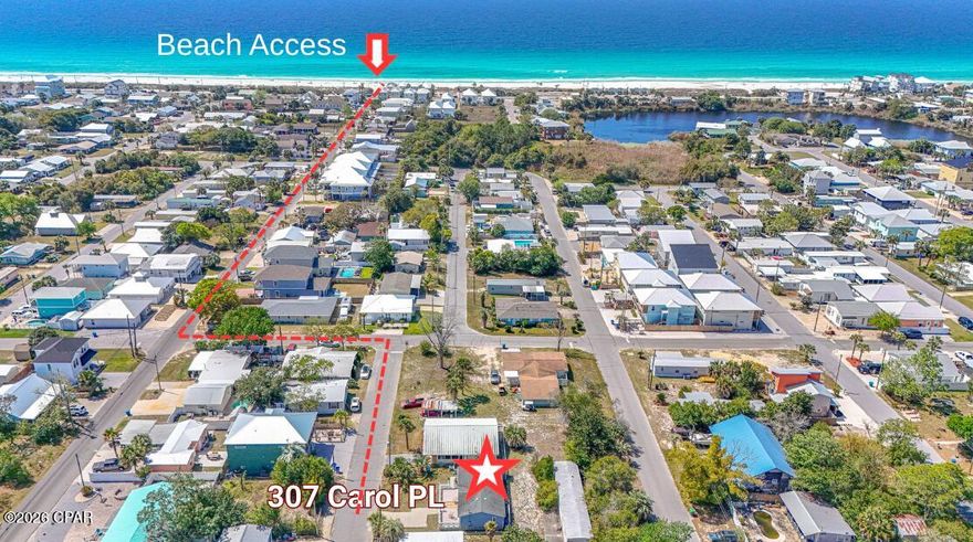 Located in the desirable Laguna Beach community on the quiet west end of Panama City Beach, this property offers an approximately 4-minute walk to the azure-blue Gulf, with easy, direct path beach access (no long boardwalks or steep stairs). 

Positioned in one of the most pleasant, walkable, and golf cart-friendly beach neighborhoods along the Emerald Coast, you're also approximately a 6-minute drive to Scenic Highway 30A, including Rosemary Beach, Alys Beach, Inlet Beach, and Seaside.

Laguna Beach (a dedicated beach) offers a charming coastal cottage neighborhood feel with walkable streets, natural dunes, and no high-rise development--creating a peaceful beach setting while remaining conveniently close to both Panama City Beach and the renowned 30A communities.

Enjoy the relaxed coastal lifestyle with nearby walkable favorites including Thomas Donuts for morning coffee and breakfast, the beloved Carousel grocery and gift shop, and Dairy Queen for an easy meal or a cool treat after a day at the beach. Many residents enjoy exploring the neighborhood by foot, bicycle, or golf cart.

Additional nearby destinations are just a short drive away, including the Donut Hole for breakfast or lunch, dining and shopping along Scenic 30A, and Pier Park to the east. Pier Park offers year-round activities including shopping, dining, the SkyWheel, The Grand IMAX Theatre, Russell-Fields Pier, and seasonal events such as the New Year's Eve Beach Ball Drop, Mardi Gras celebrations, summer concerts, fireworks, and more--creating a vibrant coastal lifestyle throughout the entire year.

This 3-bedroom, 2-bath manufactured home features vaulted ceilings in the living room and kitchen, creating a light and open feel, with large windows providing abundant natural light.

Situated on its own privately owned lot, the property includes an oversized cement driveway offering generous parking space and flexibility for vehicles, beach gear, or a golf cart.

A full-width cement patio exists beneath the front deck structure, and may offer a potential for expanded outdoor living space. 

Inside, the home includes a separate laundry room with pantry-style shelving and exterior access, along with a door separating it from the kitchen and dining area for added privacy and functionality.

The home offers an abundance of storage throughout, including deep cabinetry, pantry-style shelving, and additional built-in storage areas--an uncommon feature in many homes. And additional outdoor storage shed. 

Ceiling fans are installed in the living room and primary bedroom, which also includes a walk-in closet.

Utilities are in place with electricity active, water connected, and city sewer available at the property line for future connection if desired.

A former secondary connection to the Florida aquifer / water source is also present and may offer irrigation potential.

Laguna Beach, situated in the heart of everything, is known for its laid-back coastal character, natural dunes, sea oats, sea turtle nesting areas, and NO high-rise buildings--offering a peaceful setting while remaining just minutes from dining, shopping, and entertainment.

The home, lovingly held by the same family
(never rented, is being sold as-is and presents an opportunity for buyers to update, renovate, or customize the property while enjoying this prime location just steps from the beach.

With NO mandatory HOA or monthly association fees, the property offers flexibility for personal use, investment, or STR: short-term rental potential (buyer to verify).

Ideally positioned on the west end of Panama City Beach, just minutes from Pier Park and the charm, dining, and coastal lifestyle of Scenic 30A.