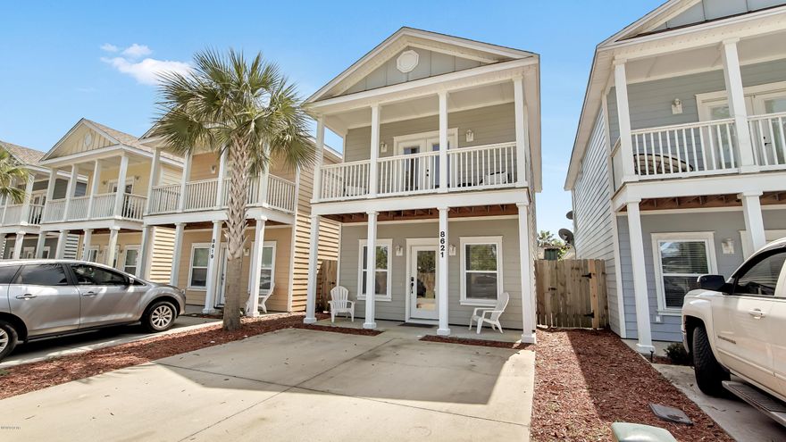 This home is the perfect beach getaway! Gated Community. 2 story home with Master bedroom on first floor. 3 bedrooms total, 2.5 baths. Community pool. Master bedroom has it's own full bath and walk-in closet. Home features 9 foot ceilings and gated storage area for private storage space. Dead end street, located close to the beach and Front Beach Road. HOA yearly dues include lawn care, pool maintenance, garbage and security gate. Great for SHORT TERM RENTALS!