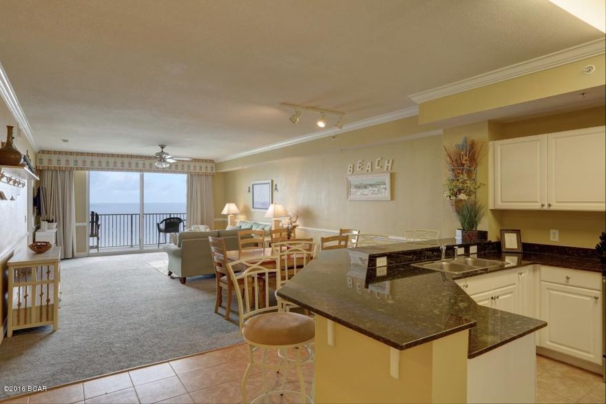 This spacious, fully furnished, 3 bedroom condo features a master suite with luxurious bath and separate shower and opens to the expansive balcony facing the Gulf. The kitchen boasts granite counters and stainless appliances and opens to the living room which also faces the Gulf. Tidewater Resort is located within walking distance to Pier Park and Aaron Bessant Park and features wonderful Resort amenities including 3 pools (1 heated), on-site coffee shop, 30th floor Owners Lounge, 4300 square foot gulf front fitness center, movie theater, and a 5000 square foot conference center.