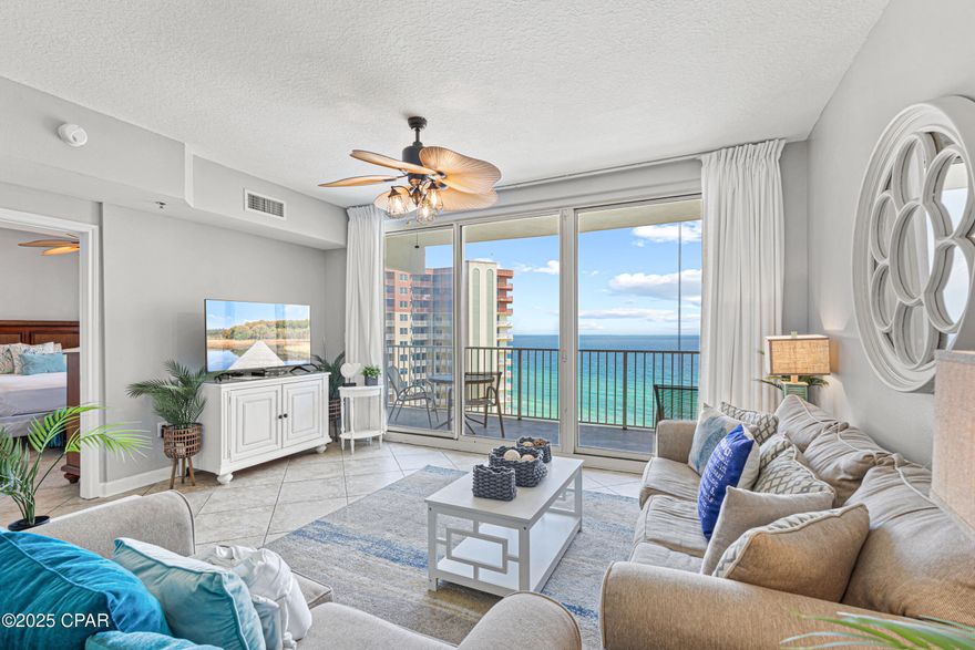 Don't miss this beautifully maintained 2BR/2BA condo located on the 19th floor of the sought-after Shores of Panama resort. Ideally situated in the center section of the building, this unit offers unobstructed southern-facing views directly over the resort's lagoon-style pool and the sparkling waters of the Gulf. 

Enjoy a spacious open floor plan, private balcony and tile flooring throughout the main living areas. The kitchen features granite countertops, modern appliances, and a convenient layout perfect for entertaining. Both bedrooms, the primary and second bedroom featuring bunk beds, have full, private bathrooms, both have closets, and exterior windows. The bedroom with bunks offers guests full privacy behind a closed door. And the unit conveys with a full sized washer and dryer.