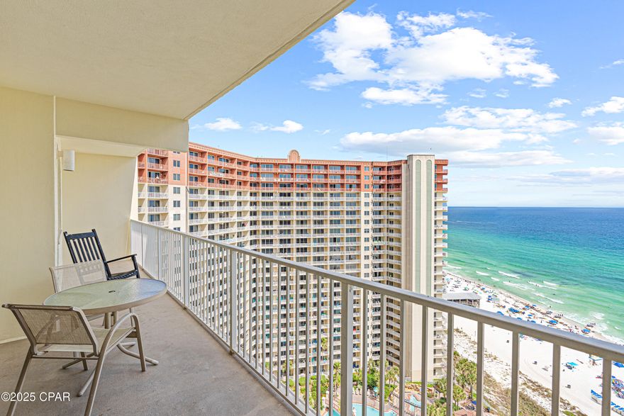 Don't miss this beautifully maintained 2BR/2BA condo located on the 19th floor of the sought-after Shores of Panama resort. Ideally situated in the center section of the building, this unit offers unobstructed southern-facing views directly over the resort's lagoon-style pool and the sparkling waters of the Gulf. 

Enjoy a spacious open floor plan, private balcony and tile flooring throughout the main living areas. The kitchen features granite countertops, modern appliances, and a convenient layout perfect for entertaining. Both bedrooms, the primary and second bedroom featuring bunk beds, have full, private bathrooms, both have closets, and exterior windows. The bedroom with bunks offers guests full privacy behind a closed door. And the unit conveys with a full sized washer and dryer.