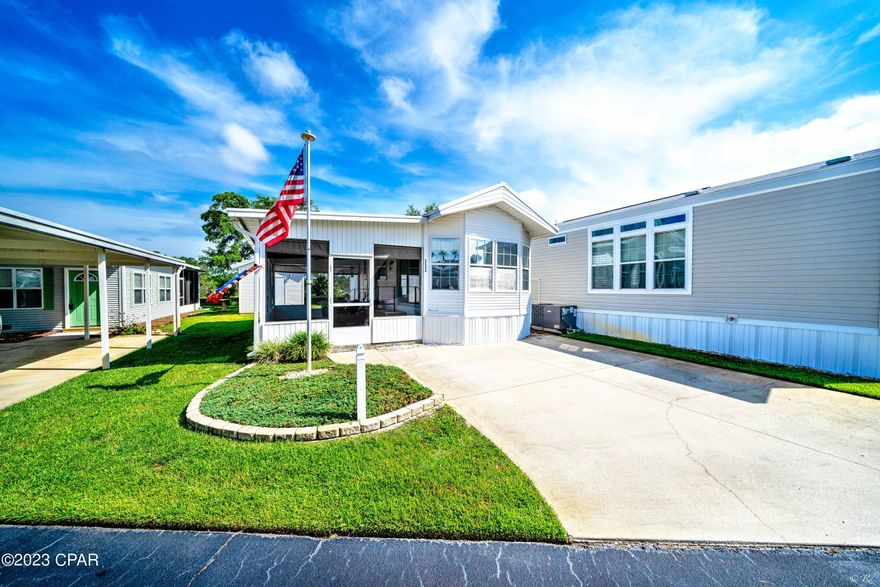 This is your chance to own a cozy one bedroom, one bath unit located in Emerald Pointe Resort. The home features a bright open floorplan, a private screened in patio, and a 10x12 storage building with a freezer, full size washer and dryer, extra refrigerator and storage shelves / cabinets for added storage. The home is on a nice size lot with room to add on additional living space when ready. Recent updates include: refrigerator and microwave 2023, glass top range with convection oven, new faucets in kitchen and bathroom, window tinting to cut electric bills, metal roof on park model and storage building replaced 2018, and the A/C & hot water heater are approx. 6 years old. The unit is being sold furnished. This will make a great primary residence, vacation home or investment property. Emerald Pointe Resort is a gated community located in the heart of Panama City Beach close to restaurants, shopping, and the world's most beautiful beaches. It's a golf cart friendly community that offers a large clubhouse, exercise room, 2 pools (one heated seasonally), hot tub, private lake w/boardwalk and shuffleboard courts. HOA Includes: Water, Sewer, Garbage, Cable TV, and Lawn Service. All information is approximate and should be verified by buyer if important.