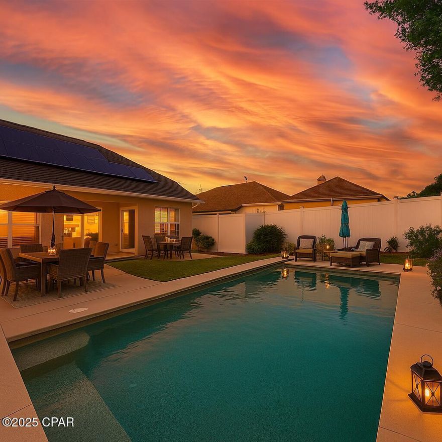 Beautiful Summerwood Home Priced to Sell! This furnished 3BR/2BA home boasts a spacious split-bedroom floor plan with a large bonus room above the two-car garage—ideal for a media room, guest suite, home office or extra storage. Enjoy modern touches like LVP flooring in the bedrooms, tile in the living areas and kitchen, and a custom-tiled backsplash in the well-appointed kitchen. The formal dining room and large foyer add elegance to the home.

Summerwood is a centrally located, sought after neighborhood with sidewalks and a community pool, located just minutes from Pier Park and the beautiful white beaches. Both are easily accessed using the golf cart which conveys. The private backyard, with a reinforced vinyl fence, is perfect for entertaining. Other key upgrades include a new roof (2018), saltwater pool (2019), 3-year-old water heater, and 4-year-old HVAC system. Solar panels (installed 3 years ago) are fully paid off at closing.

With a full-sized laundry room, Rainbird sprinkler system with drip irrigation, and termite bond with Florida Pest Control, this home is well-maintained and move-in ready.

Buyers should verify all information deemed important. Make this your new home today!