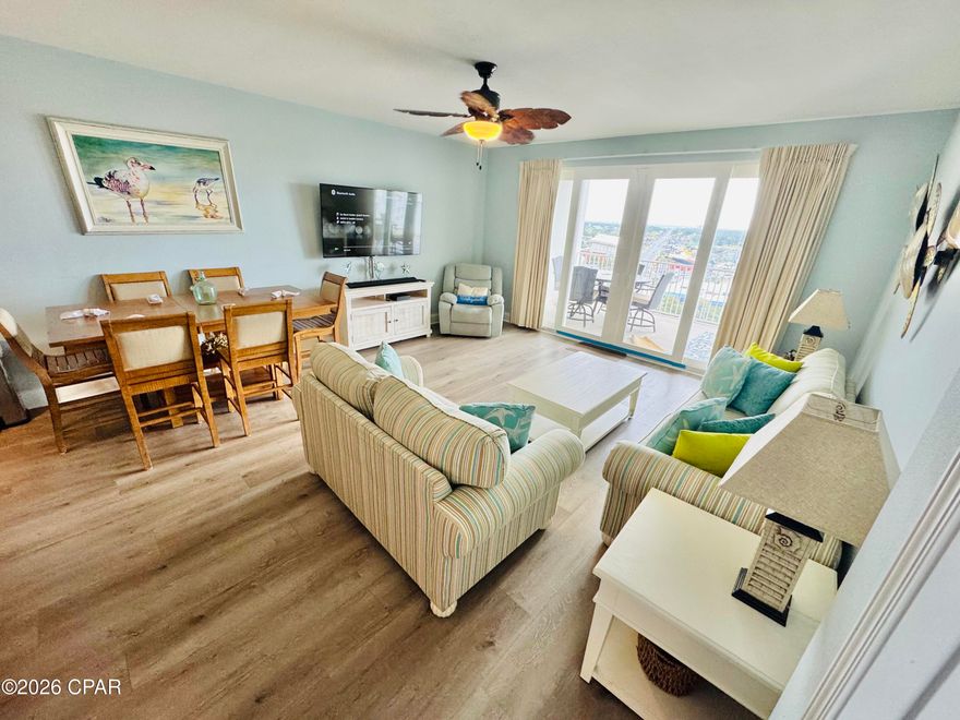 SELLER FINANCING AVAILABLE. Welcome to unit 1433. This 3-bedroom 3-bath + a bunk room is the largest floor plan at LakeTown Wharf at 1681 SF . This unit sleeps up to 10 people . The unit has beautiful views of the lake with a large balcony and access from the living room or primary bedroom. The unit is fully furnished, turn-key with brand-new appliances and decor. The flooring was replaced throughout the entire unit with LVP. LakeTown Wharf offers 5 pools, a fitness center, multiple restaurants, a hair salon, bowling, and much more. This unit will make a great primary home or investment property. Located just a few steps to the elevator that is connected by the north parking garage.